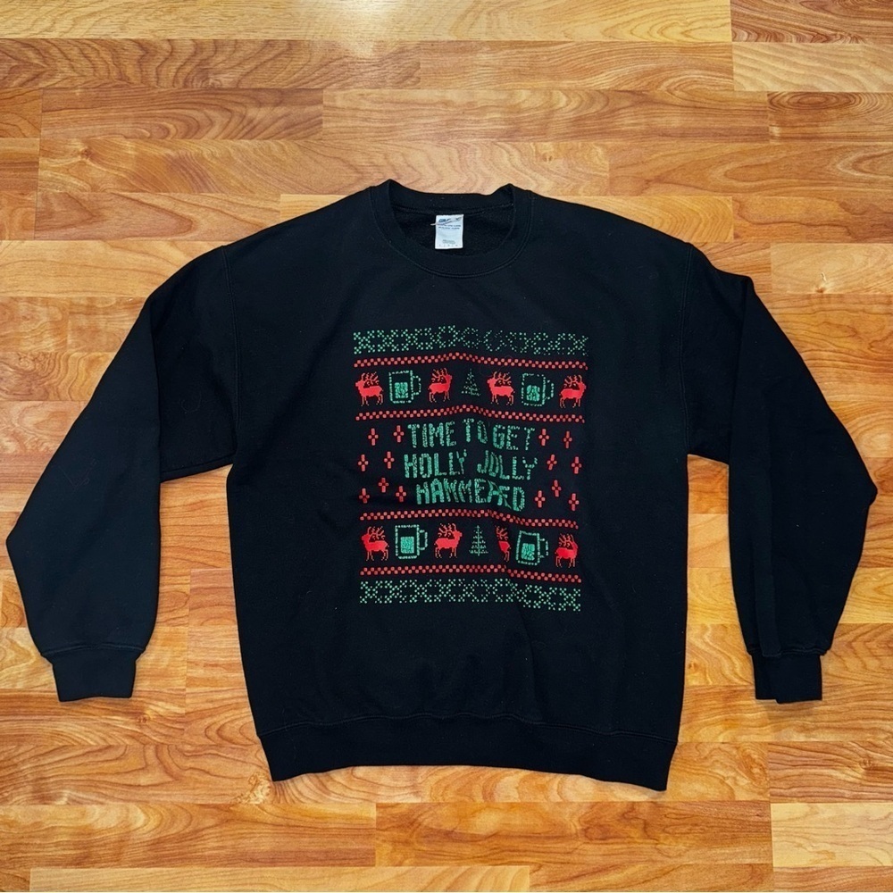 “Time To Get Holly Jolly Hammered” Funny Black Ugly Christmas Sweater Men’s Sz L